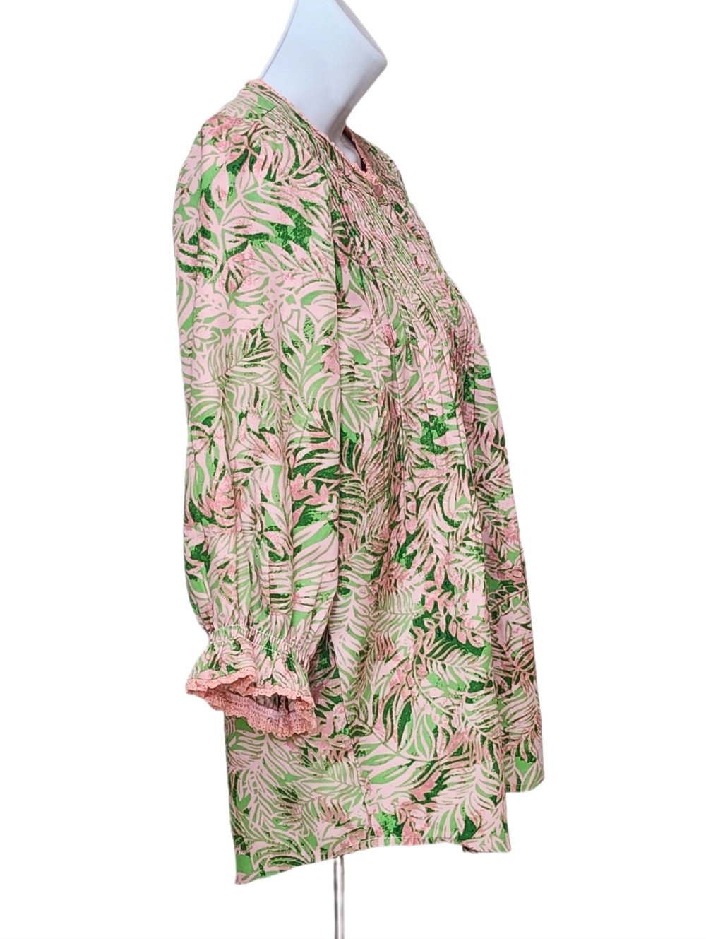 Democracy Leaf Print Lantern Sleeves Stand Collar Pintuck Front Woven Top Size S - Picture 6 of 10